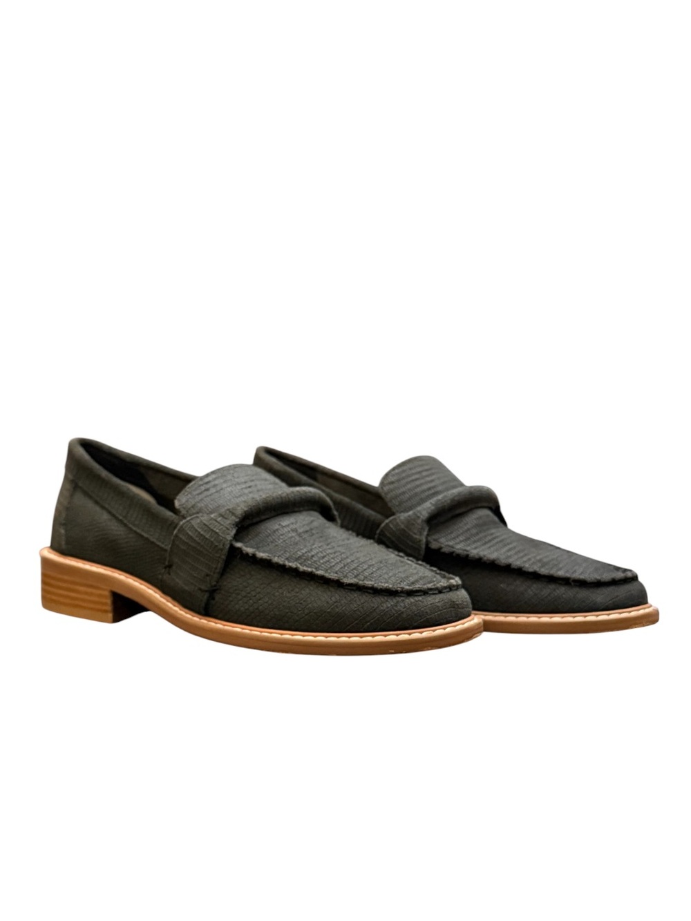 FREE PEOPLE - DARK GREY SUEDE EXTERIOR WITH BROWN WOODEN HEELS “BEDFORD” LOAFERS - Picture 3 of 9